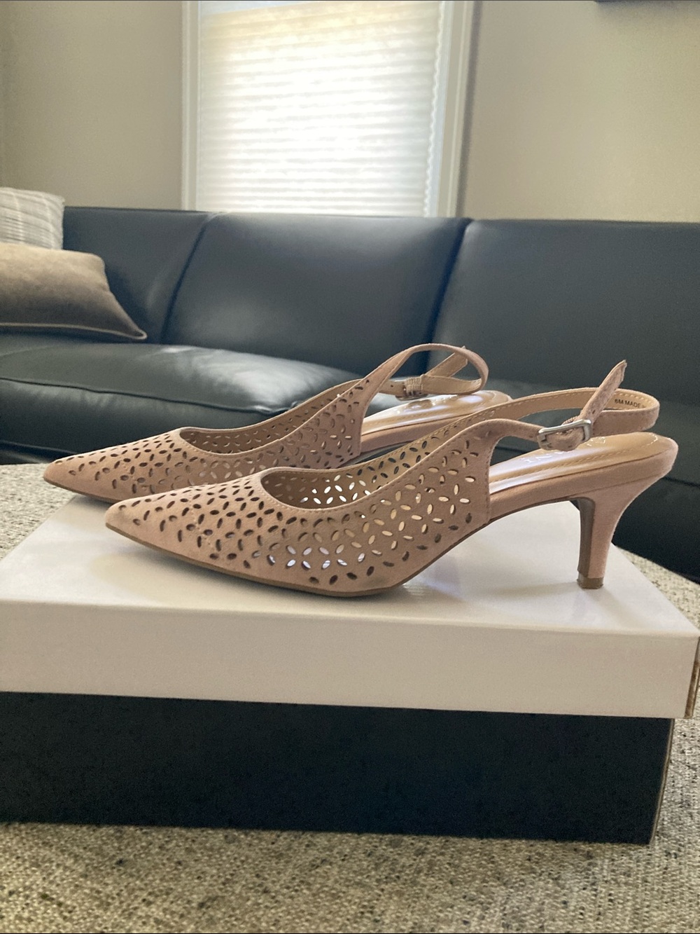 Alfani Blush Nude Laser-Cut Slingback Kitten Heels